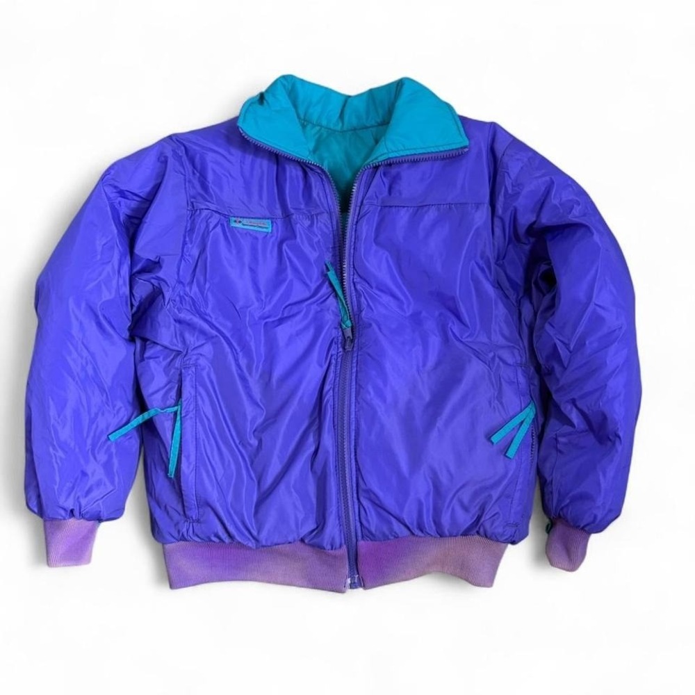 vintage ski jacket womens MED. purple teal reversible columbia puffy coat 90s